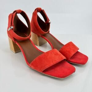 Franco Sarto L-Merryl Block Wood Heeled Leather Red Sandals Sz 7.5 Resortwear